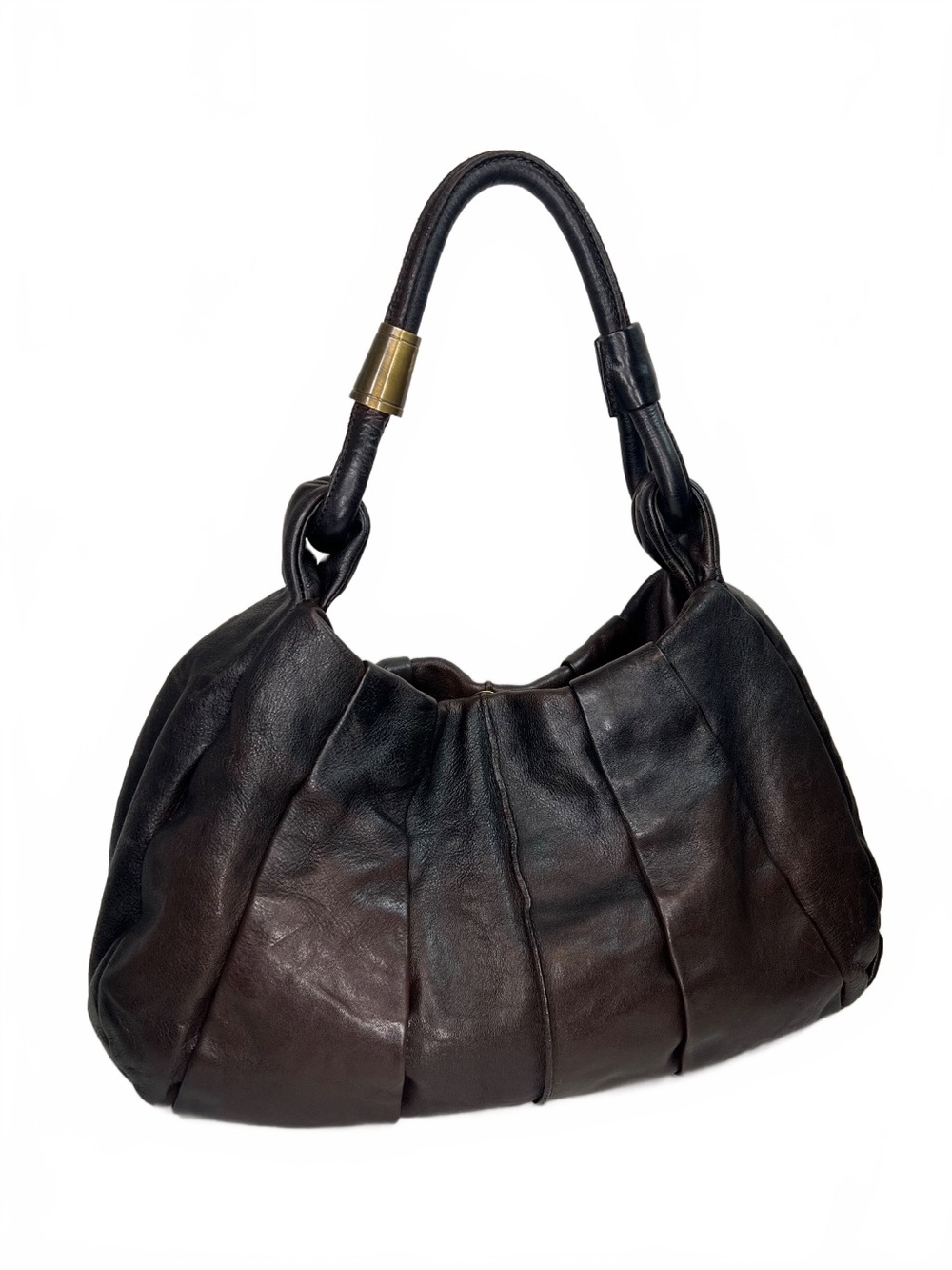 Boss Orange Pleated Leather Hobo Bag Brown Black Shoulder Purse